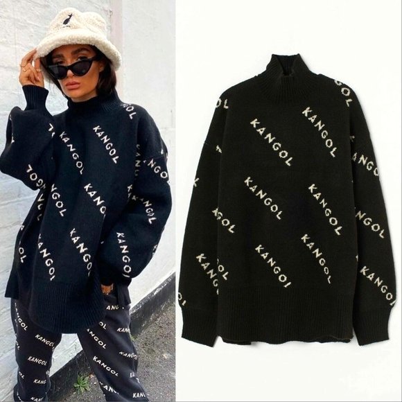 💥EDGY CHIC💥Kangol Limited Ed. Unisex Hi-Low Longline Black Graphic Sweater - Picture 1 of 16